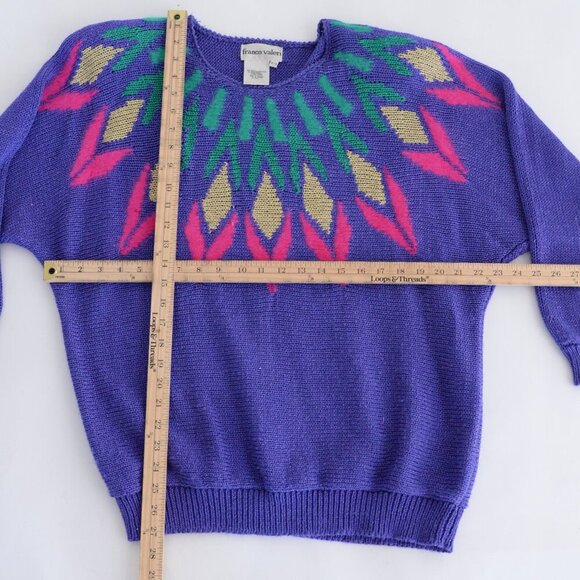 Vintage Franco Valeri Purple Knit Floral Abstract Shoulder Pad Scoop Sweater Xl - Picture 4 of 13